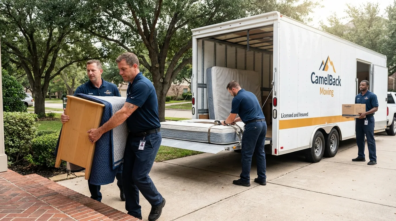 Crew loading residential truck for cross-state move from Walford, IA