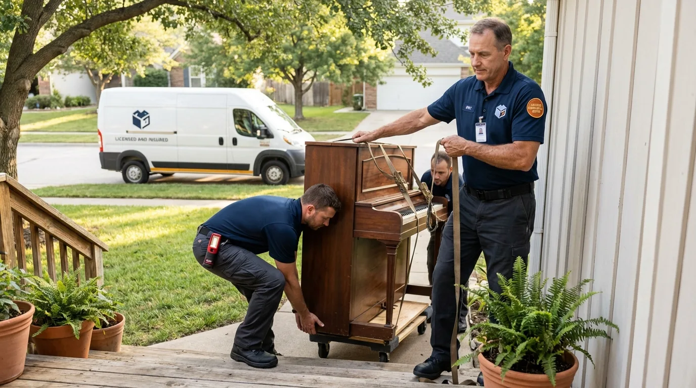Licensed piano movers securing grand piano in Walford, IA