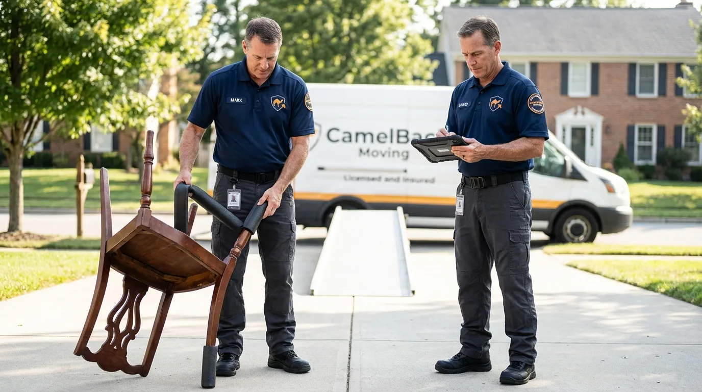 Movers inspecting furniture for damage prevention before loading in Walford, IA