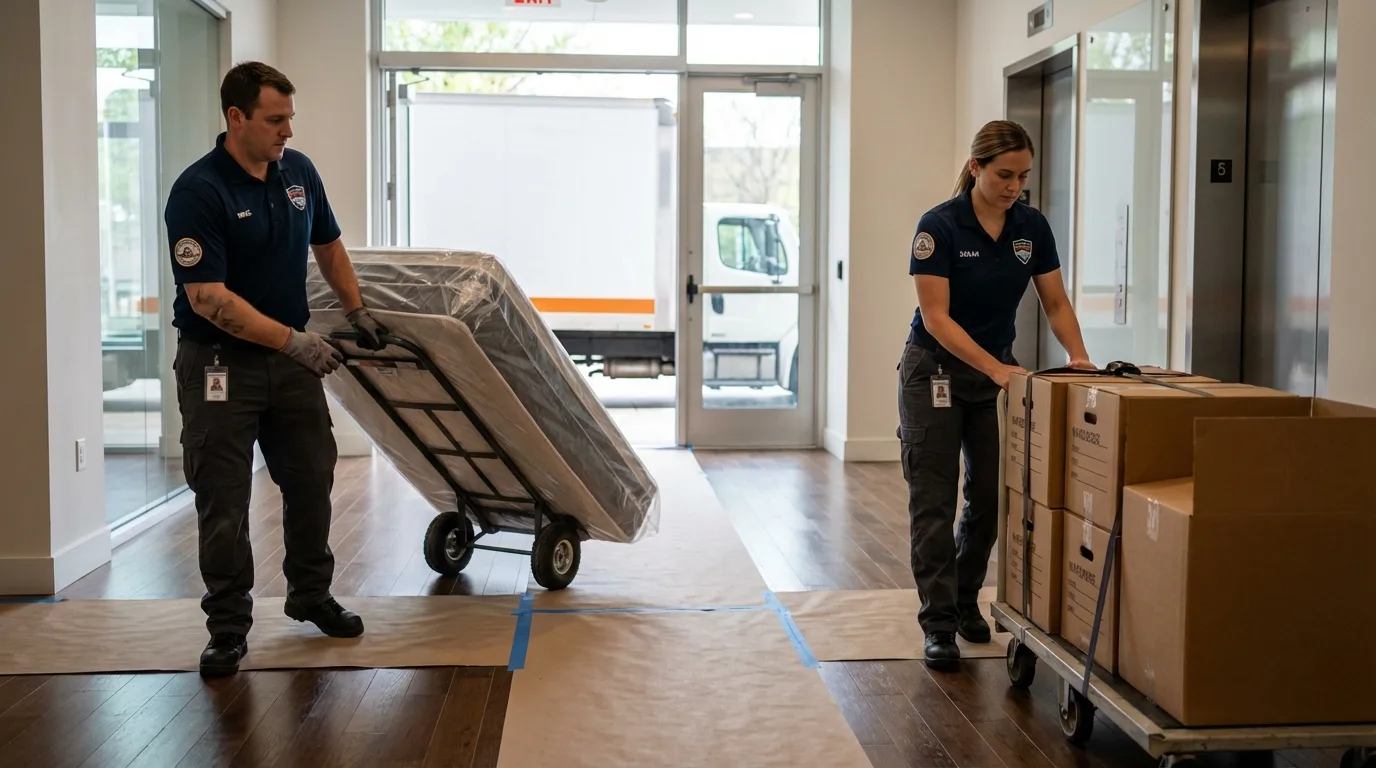 Professional apartment movers loading elevator in Walford, IA