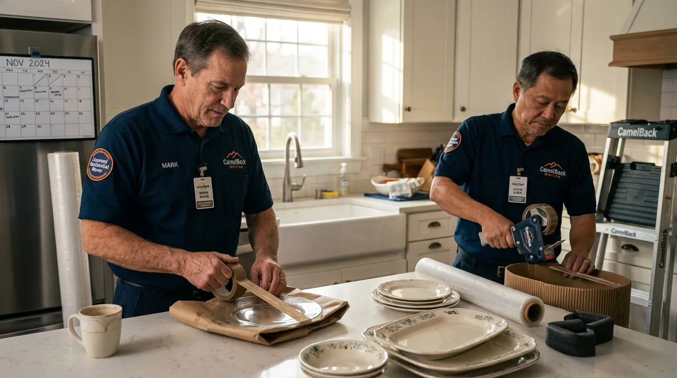 Professional crew packing kitchen dishware in Walford, IA